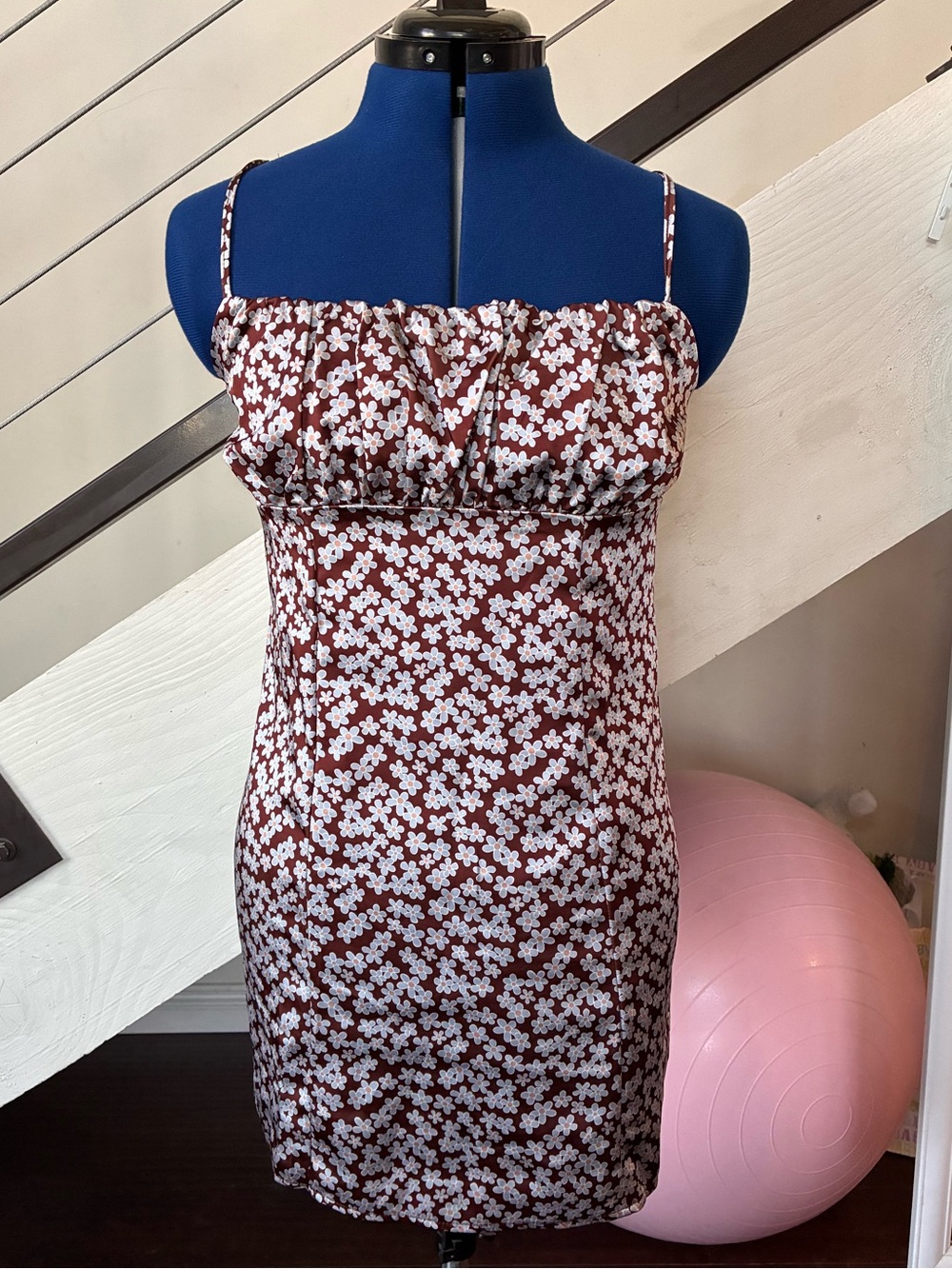 La Hearts Burgundy Floral Mini Dress with Light Blue Blossoms